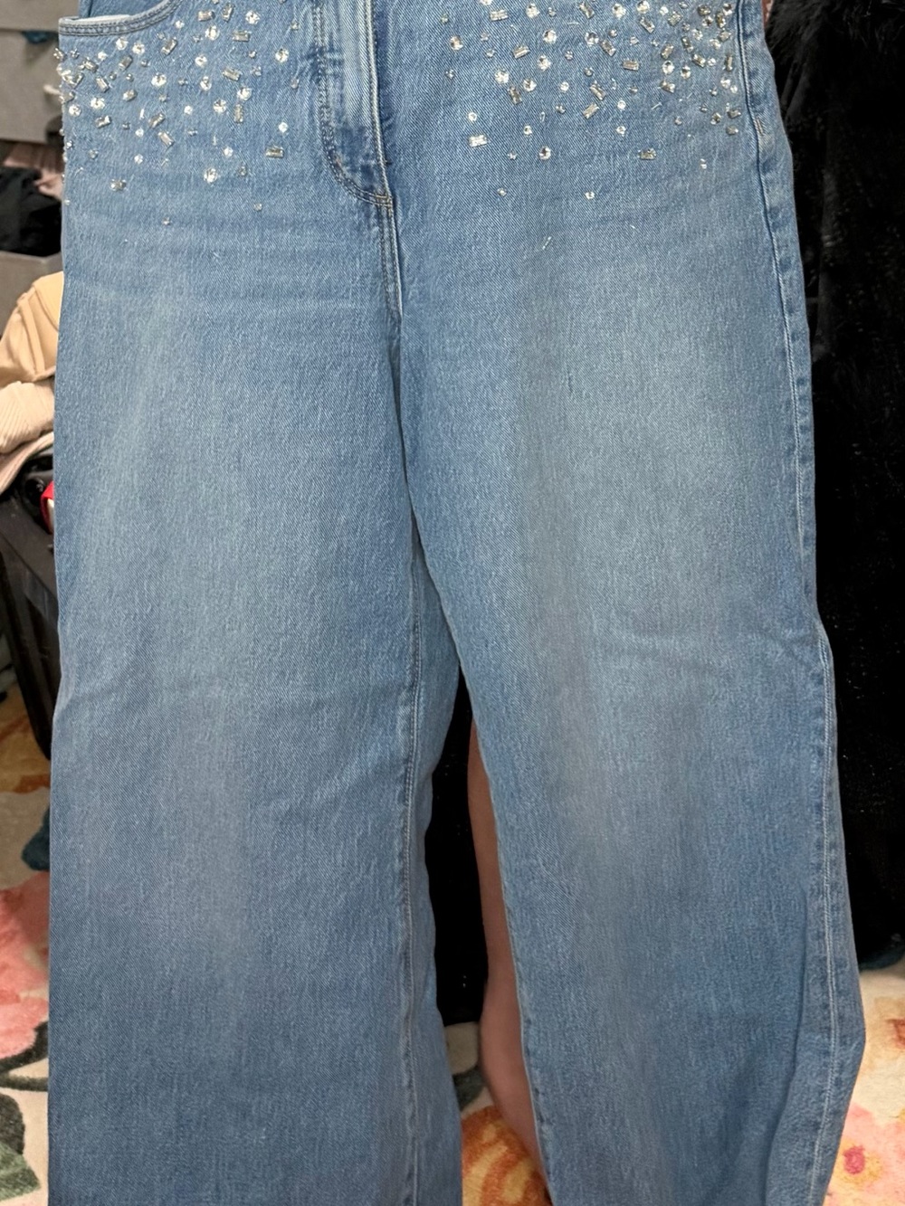 Loft Light Blue Wide-Leg Jeans with Rhinestone Detail